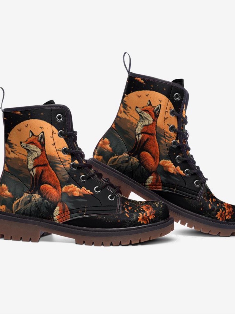 Fox Moon Graphic Combat Boots - Black & Orange